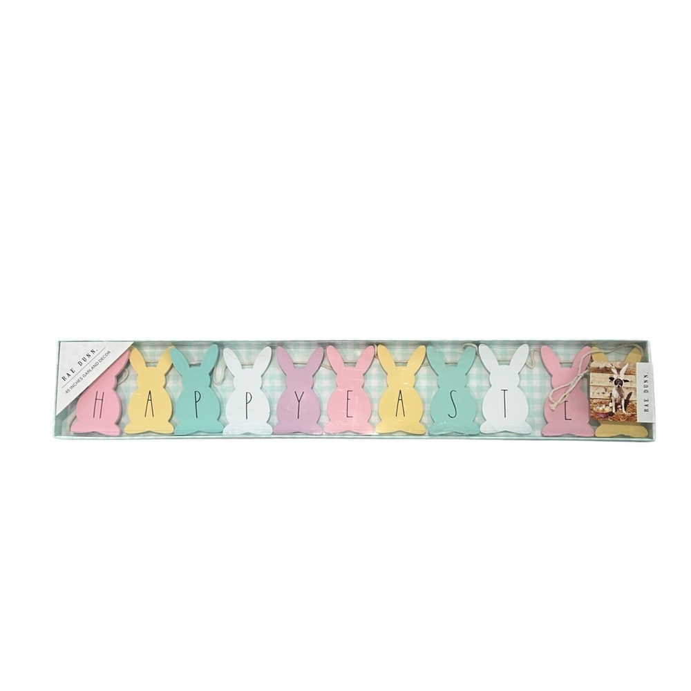 Rae Dunn Happy Easter Bunny Garland - Pastel Wood Decor 45"